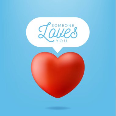 Kart veya Flyer Valentine gerçekçi kırmızı kalp gibi. Örneğin, sayaç, yorum takipçisi ve bildirim sembolü çizimi mavi üzerine izole edilmiş..