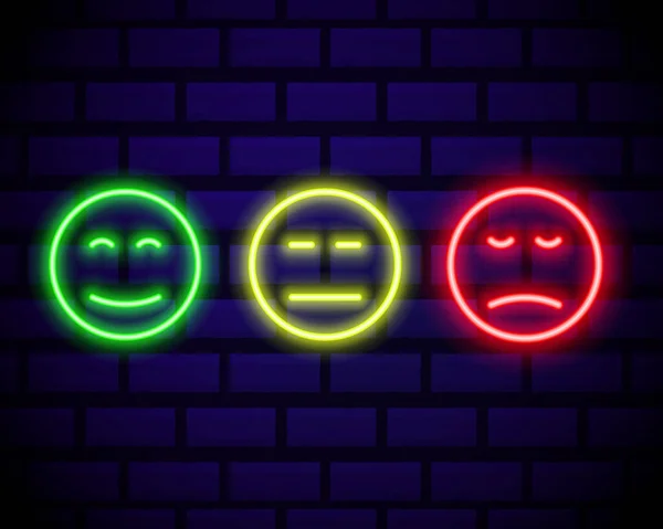 Set Emoticon Sorridenti Neon Isolate Sfondo Muro Mattoni Scuri Icone — Vettoriale Stock