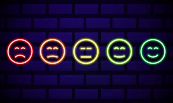 一组霓虹灯的微笑情绪被隔离在黑暗的砖墙背景上 线条图标 快乐而不快乐的微笑 Emoji设置 彩色的情感设置 矢量说明 — 图库矢量图片