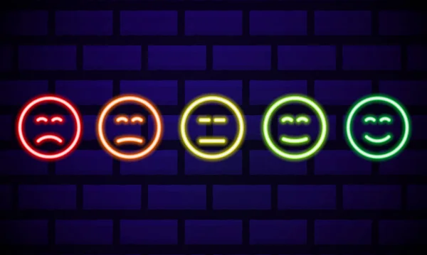 Conjunto Emoticons Sorriso Néon Isolado Fundo Parede Tijolo Escuro Ícones —  Vetores de Stock