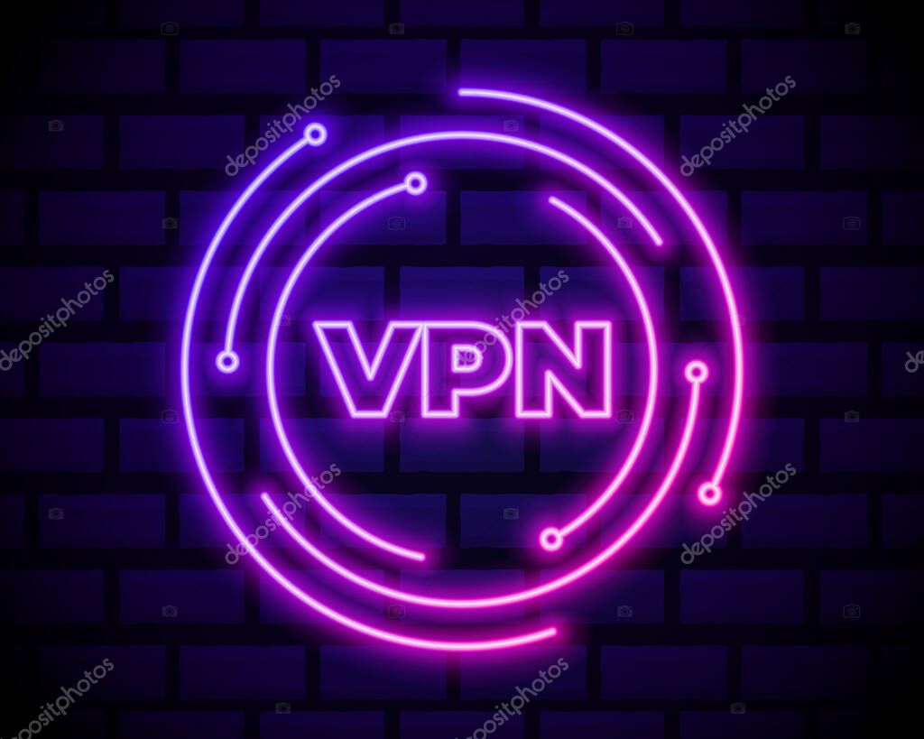 Glowing neon VPN Network connection icon isolated on dark brick wall background. Social technology. Cloud computing concept. Vector Illustration.
