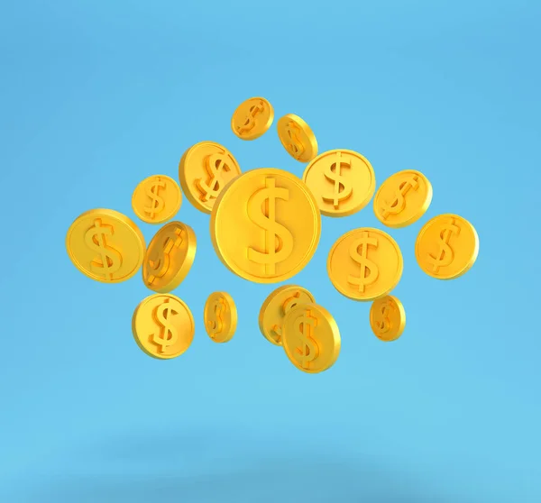 Golden Dollar Coins Falling Isolated Blue Minimal Dollar Coins Bank — Stock Photo, Image