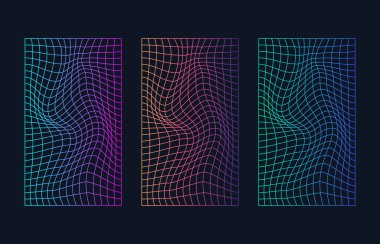 Çarpık holografik neon ağının vektör görüntüsü. Buhar dalgası sentetik punk illüstrasyonu.