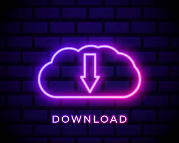 Leuchtende Neon Cloud Download Symbol Isoliert Auf Ziegelwand Hintergrund Vektorillustration — Stockvektor