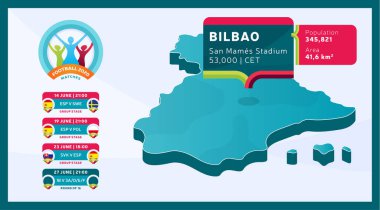Bilbao Stadyumu 'nda etiketlenen Isometric İspanya ülke haritası futbol karşılaşmaları illüstrasyonunda gösterilecek. Futbol 2020 turnuva final aşaması bilgileri ve ülke bilgileri