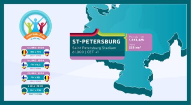 Saint Petersburg Stadyumu 'nda etiketlenmiş Isometric Rusya ülke haritası futbol karşılaşmaları illüstrasyonunda gösterilecek. Futbol 2020 turnuva final aşaması bilgileri ve ülke bilgileri