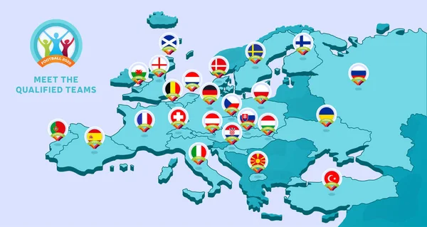 2020 선수권 Vector Illustration Map Europe High Countries Flag Qualified — 스톡 벡터
