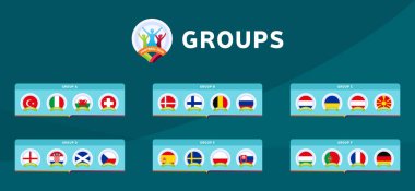 Futbol 2020 turnuvasının son aşama grupları vektör stok illüstrasyonu. 2020 Avrupa futbol turnuvası. Vektör ülke bayrakları