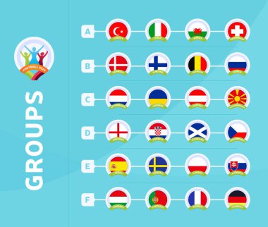 Futbol 2020 turnuvasının son aşama grupları vektör stok illüstrasyonu. 2020 Avrupa futbol turnuvası. Vektör ülke bayrakları