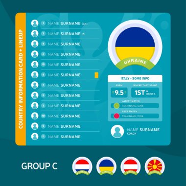 Ukrayna grubu C Football 2020 turnuvasının son aşama vektör illüstrasyonu. Köy takımı bilgi için yer ayırtmış. 2020 futbol turnuvası vektör ülke bayrakları.