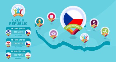 Çek Cumhuriyeti Natioanal takımı Isometric harita vektör illüstrasyonunda eşleşiyor. Futbol 2020 turnuva final aşaması bilgileri ve ülke bilgileri. Resmi şampiyonluk renkleri ve tarzı