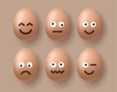 Set of brown easter eggs with emojis. Realistic 3d vector egg character set