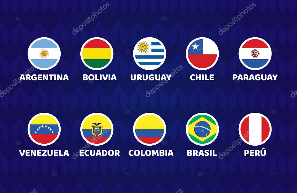 South America Football 2021 Argentina Colombia vector illustration. Set of cicle flag soccer tournament in south america