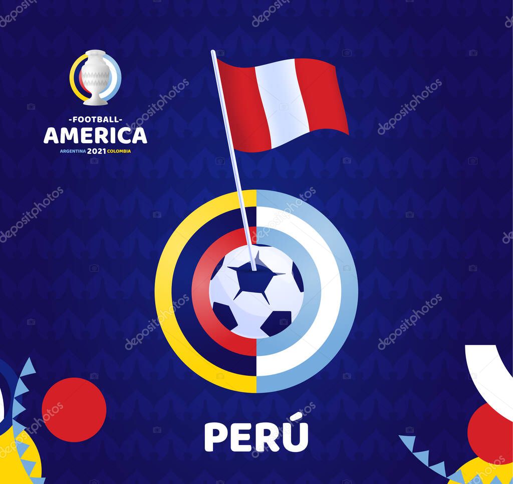 Peru wave flag on pole and soccer ball. South America Football 2021 Argentina Colombia vector illustration. Tournament pattern abckground
