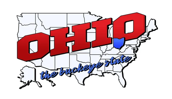 オハイオ州だ レタリング付きアメリカの地図上の米国オハイオ州とベクトルイラスト 白で隔離された観光グリーティングカード — ストックベクタ