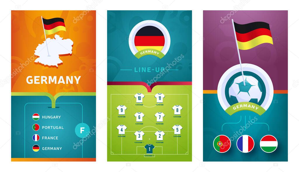 European 2020 football vertical banner set for social media. 2020 Germany group F banner with isometric map, pin flag, match schedule and line-up on soccer field