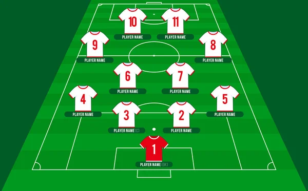 Futbol takımı formasyonu. Futbol ya da futbol sahası. 11 tişörtlü, sayı vektörü resimli. futbol kadrosu