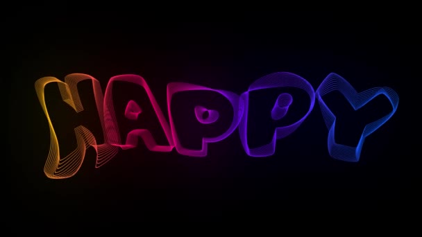 Happy Creative Typography Tekst Animacja z falistymi liniami kolorów. Animacja wideo 4k Fale płynnych linii przekształcających się we wzory. Nowoczesne kolorowe fluorescencyjne kształt fali dźwiękowej — Wideo stockowe