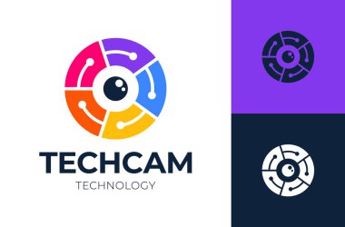 Teknoloji kamera logosu. Çember çizgileri, kamera ile teknik bağlantı logo vektör simgesi illüstrasyon tasarımı