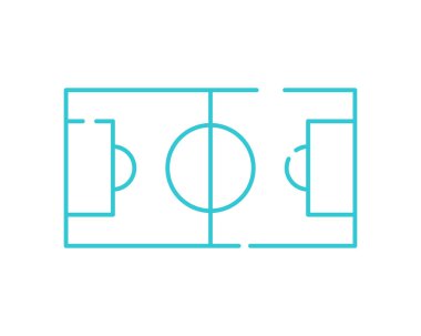 Futbol sahası ince çizgi ikonu. Futbol sahası sembolü, beyaz arkaplanda ana hatlı resim. Mobil konsept ve web tasarımı için spor tabelası. Vektör grafikleri.