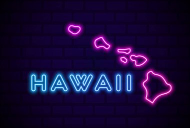 Hawaii Eyaleti parlak neon lambası imzalı gerçekçi vektör illüstrasyonu Mavi tuğla duvar parıltısı