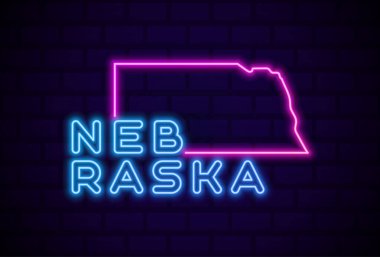 Nebraska ABD 'nin parlak neon lambası imzalı gerçekçi vektör illüstrasyonu Mavi tuğla duvar parıltısı