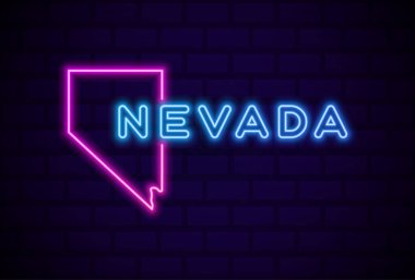 Nevada eyaleti parlak neon lambası imzalı gerçekçi vektör illüstrasyonu Mavi tuğla duvar parıltısı