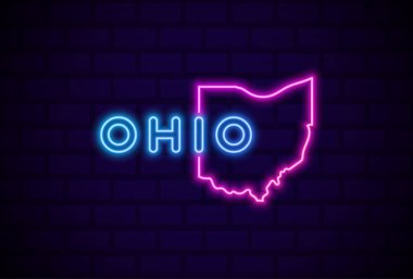 Ohio eyaleti parlayan neon lambası imzalı gerçekçi vektör illüstrasyonu Mavi tuğla duvar parıltısı