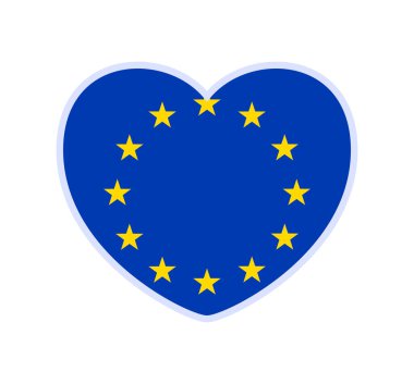Avrupa Birliği bayrağı kalp şeklinde olacak. Ulusal bayrağın arkasında aşkın simgesi olan ikon yassı kalp. Vektör illüstrasyonu.