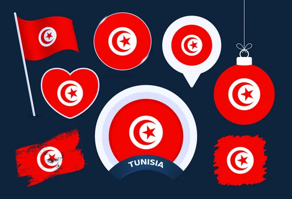 Tunisiaflaggvektorsamling Stor Uppsättning Nationella Flaggdesign Element Olika Former För Offentliga — Stock vektor