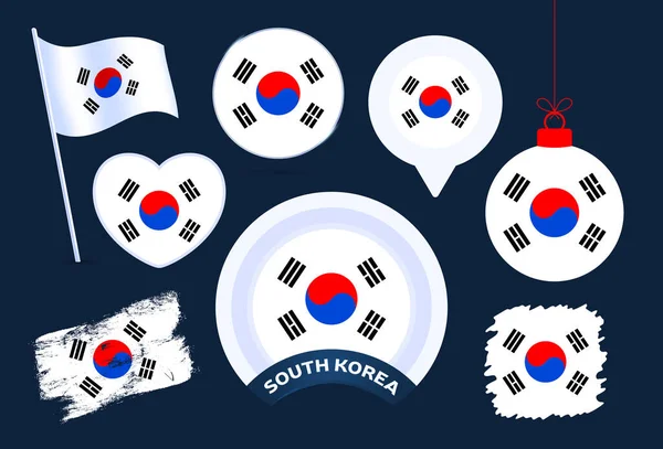 韓国国旗ベクトルコレクション フラットスタイルで祝日や国民の休日のための異なる形状の国旗デザイン要素の大きなセット — ストックベクタ