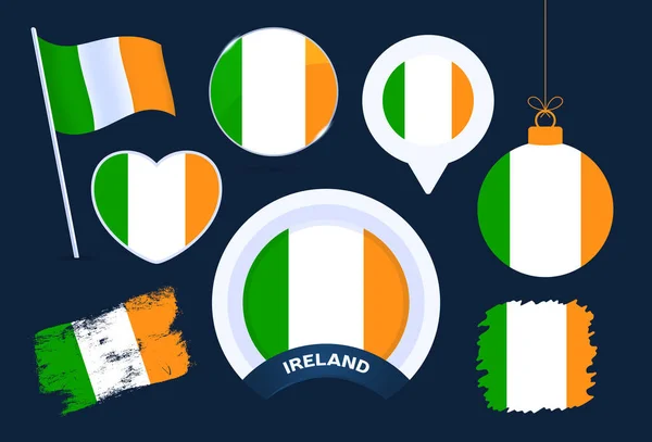 爱尔兰国旗矢量收集 公共假日和国定假日采用统一风格的一套不同形状的大型国旗设计元素 — 图库矢量图片