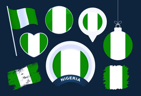 Nigeria标志向量集合 公共假日和国定假日采用统一风格的一套不同形状的大型国旗设计元素 — 图库矢量图片