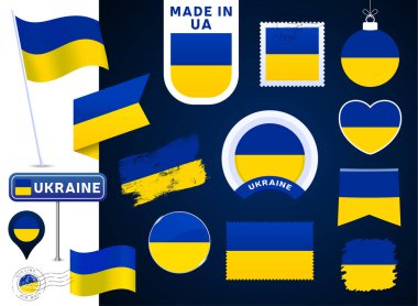Ukrayna bayrak taşıyıcı koleksiyonu. Kamu bayramları ve ulusal bayramlar için farklı şekillerde büyük ulusal bayrak tasarım unsurları. Posta damgası, yapılmış, aşk, daire, yol işareti, dalga