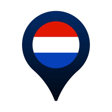 Hollanda bayrağı ve harita işaretleyici simgesi. Ulusal bayrak konum ikon vektör tasarımı, GPS yer belirleyici pimi. vektör illüstrasyonu