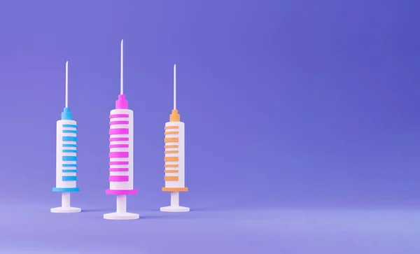 3Dワクチン ワクチン インフルエンザのショットのための3つの注射器 医療機器とワクチンのアイコン 最小限の概念 コピースペース付き3Dイラストレンダリング — ストック写真