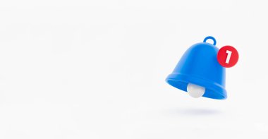 3d Sarı uyarı zili ve pastel arka planda yeni bir tebligat. Sosyal medya bildirimi. Moda 3B oluşturma