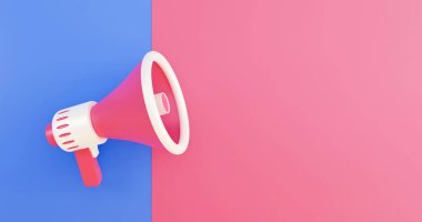 gerçekçi 3d megafon, hoparlör minimum konsept. Mavi ve pembe arka planda megafon. 3d resimleme