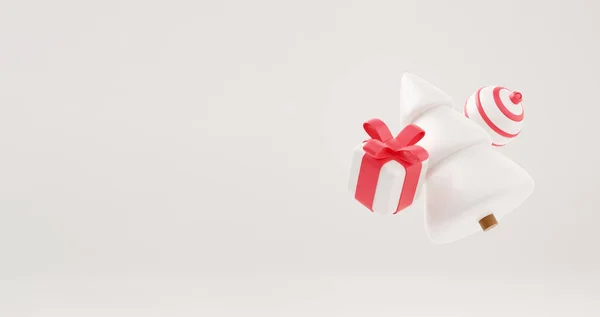 3D圣诞树 有礼品盒和白色球底 圣诞海报 网页横幅 3D说明最小的风格圣诞节和新年概念 — 图库照片