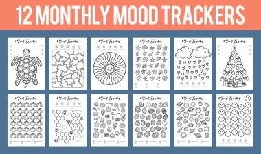 12 aylık ruh hali takip cihazı 2026 mermi basılabilir dergi sayfa şablonu, vektör illüstrasyonu, A4 ve A5 boyutları, el yapımı Doodle Style. Planlayıcı sayfaları mermi günlüğü A5 A4 biçimi.