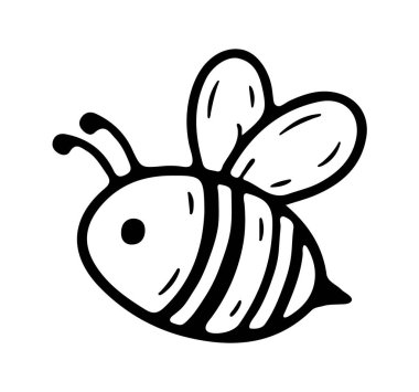 Yüzünde bir gülümseme olan siyah beyaz bir arı çizimi. İkon karalama eli çizilmiş. Çizgi çizimi simgesi. Vektör illüstrasyonu.