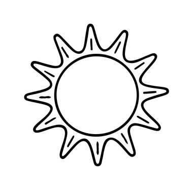 Siyah beyaz bir ikon karalama elle çizilmiş bir güneş. Çizgi çizimi simgesi. Vektör illüstrasyonu.