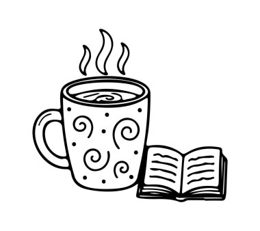 Kitap ikonu çizilmiş bir fincan. Çizgi çizimi simgesi. Vektör illüstrasyonu.