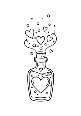 Bir şişe sıvı ve kalp ikonu çizilmiş el resmi. Çizgi çizimi simgesi. Vektör illüstrasyonu.