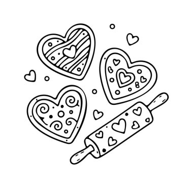 Kalp şeklinde kurabiye ikonu çizilmiş el yazısı. Çizgi çizimi simgesi. Vektör illüstrasyonu.