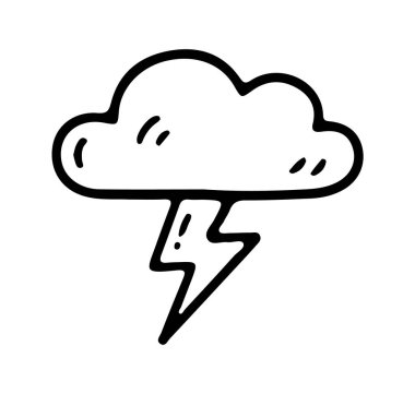 Şimşek ve gök gürültüsü ikonu çizilmiş el yazısı. Çizgi çizimi simgesi. Vektör illüstrasyonu.