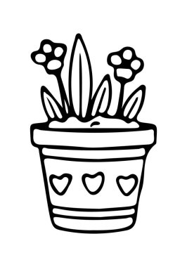 Bir saksı ikonunda çiçek çizilmiş el yazısı. Çizgi çizimi simgesi. Vektör illüstrasyonu.