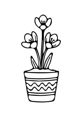 Bir saksı ikonunda çiçek çizilmiş el yazısı. Çizgi çizimi simgesi. Vektör illüstrasyonu.