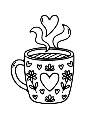 Bir fincan çay kalp ikonu çizilmiş el resmi. Çizgi çizimi simgesi. Vektör illüstrasyonu.