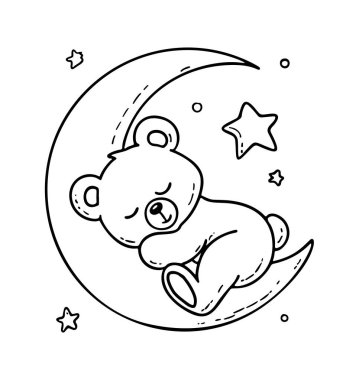 Ayı, ay ikonu çiziminde uyur. Çizgi çizimi simgesi. Vektör illüstrasyonu.